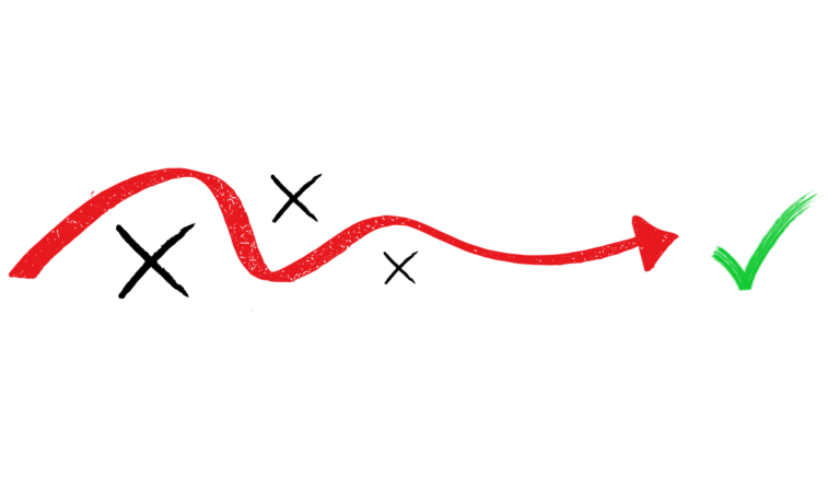 Red curvy arrow with black X marks ending in a green check. Symbolizes navigating obstacles to success, conveying a sense of progress and achievement.