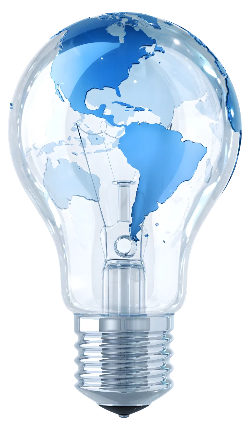 A glass light bulb with a world map design in blue and white, depicting North and South America. The image conveys innovation and global connectivity.