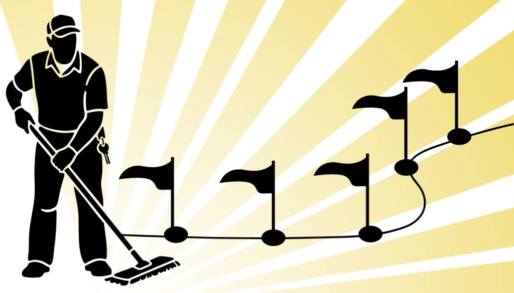 Silhouette of a person mopping against a yellow gradient with white rays. A line with six flags rises diagonally, symbolizing progress or goals.