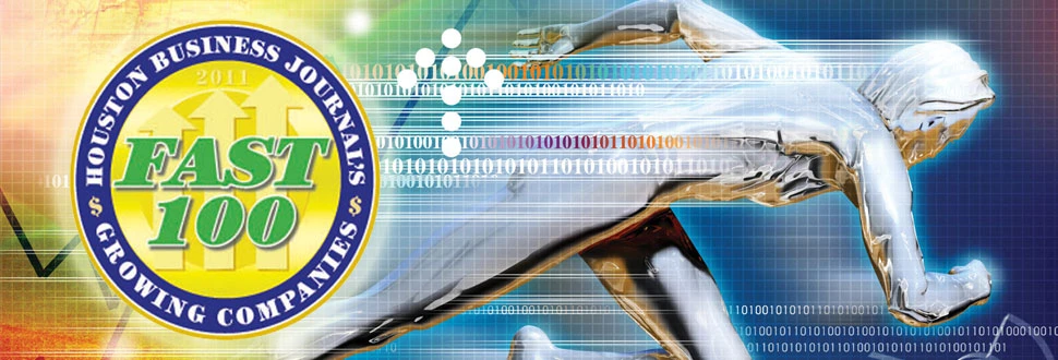 A dynamic tech-themed image with a silver figure running against a backdrop of binary code. Features "Fast 100" logo for Houston Business Journal 2011.
