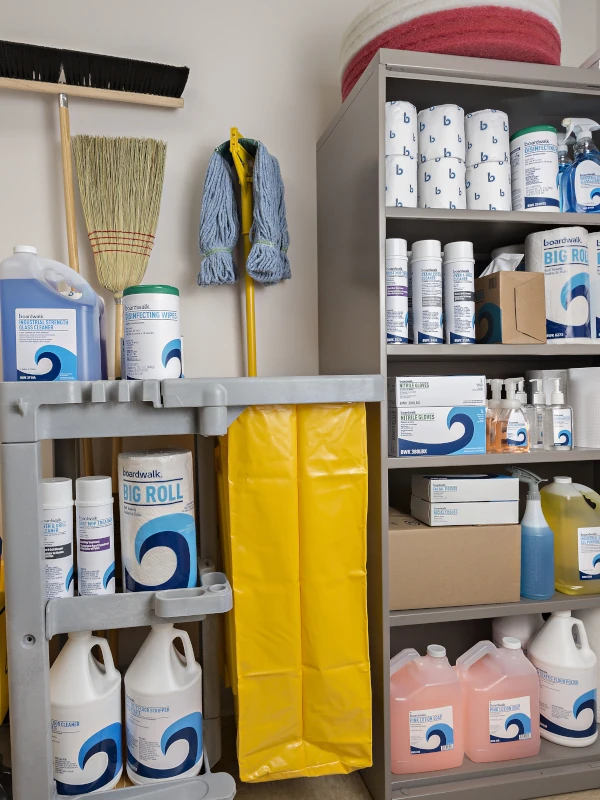A well-organized janitorial closet features cleaning supplies on shelves, a broom, mop, and yellow cart. The scene conveys tidiness and readiness for cleaning tasks.