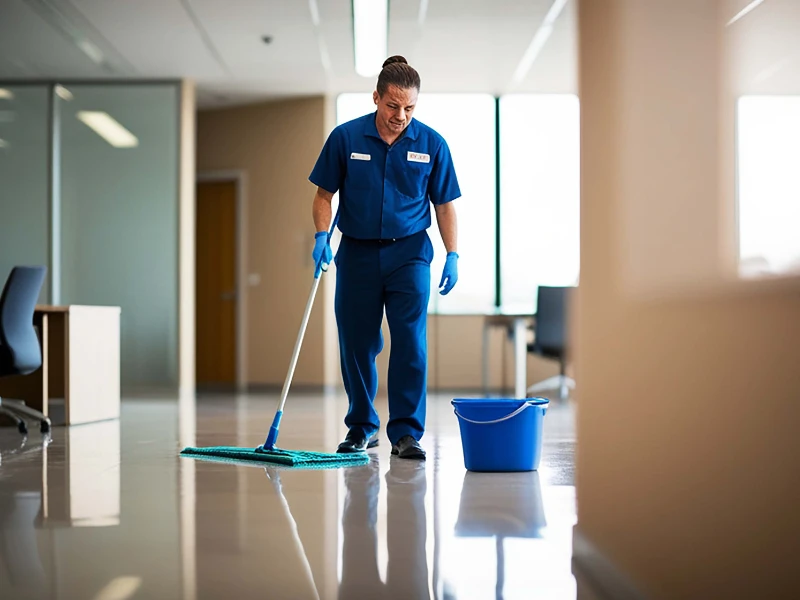 A janitor in blue uniform and gloves mops a shiny office hallway floor, next to a blue bucket. Bright lighting and a clean, orderly environment.