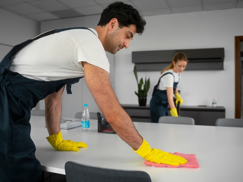 Two people in work uniforms and yellow gloves diligently clean a white table with pink cloths in a modern office, conveying efficiency and teamwork.